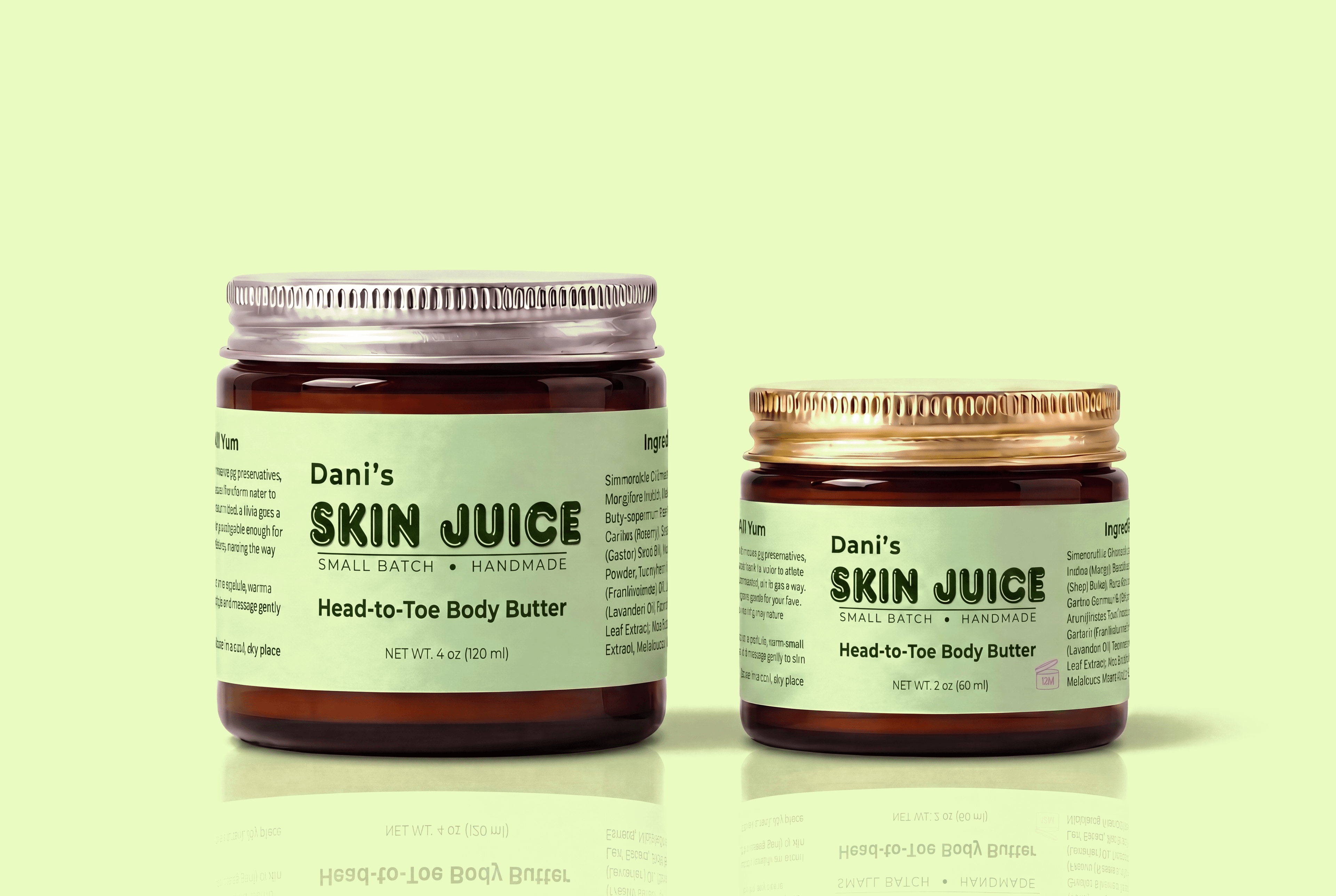 Dani's Skin Juice 4 oz and 2 oz amber glass jars side by side